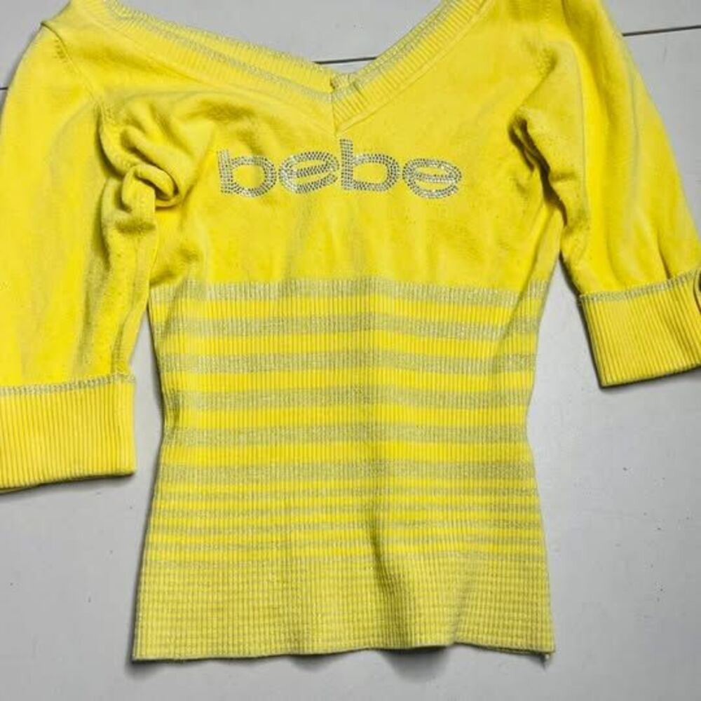Bebe Y2K Yellow Rhinestone Logo Metallic Stripe V-Neck Knit Sweater Top large